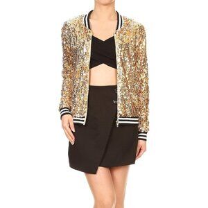 Brand New Women Gold Polyester Sequin Front Zip Jacket Long Sleeve Ribbed Cuffs